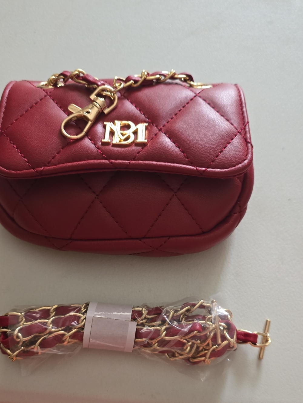Badgley Mischka Quilted Mini Bag in Burgundy Red with Gold Hardware